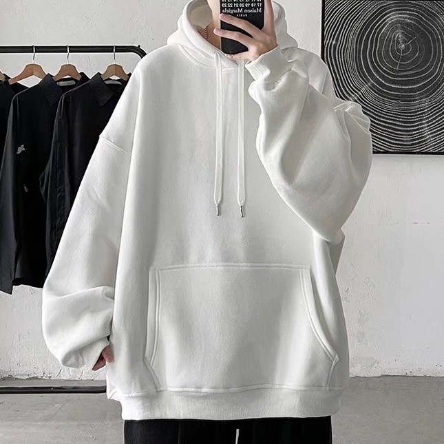 『瘾品流行』 素色帽t 加绒套头卫衣男 男长袖 帽T 长袖上衣男 春秋连帽高街运动潮牌ins宽松外套