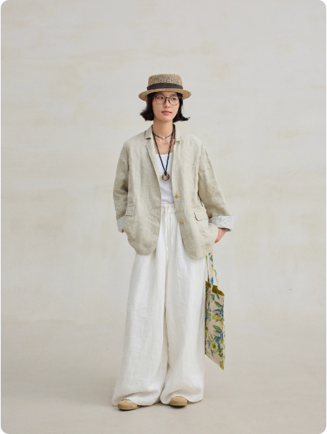 亚麻汉麻双色色织盐缩砂洗文艺休闲双层西装外套