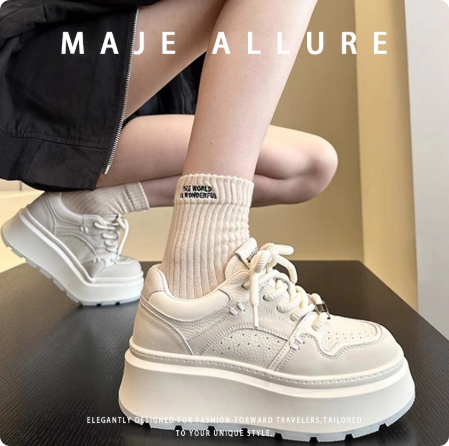 真皮松糕厚底女鞋小白鞋小个子韩版学生熊猫拼色板鞋