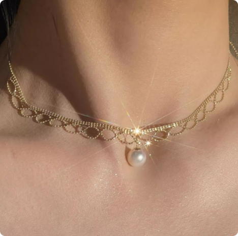 18k金黄金天然海水正圆强光akoya珍珠吊坠素金蕾丝项链锁骨链颈饰